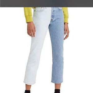 Levi's Two-Tone Cropped Jeans in Light Blue & White
